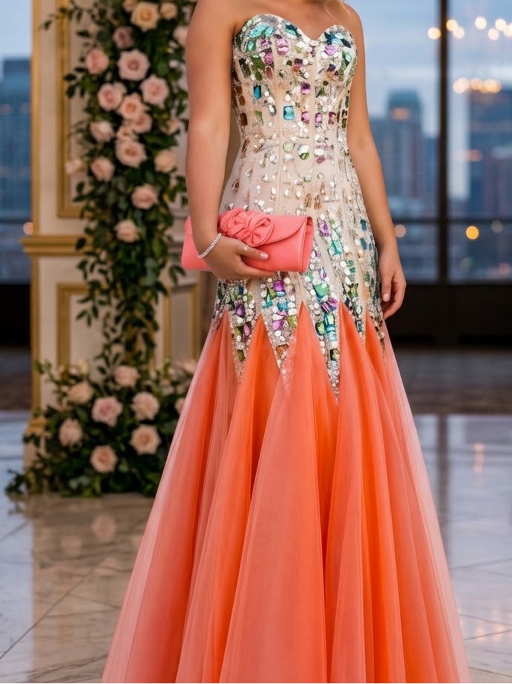 Embellished Coral Mermaid Prom Dress with Jewel Bodice, Size 8